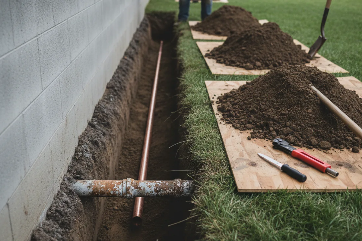 Excavated water line trench during Sewer Line Repair in Aberdeen